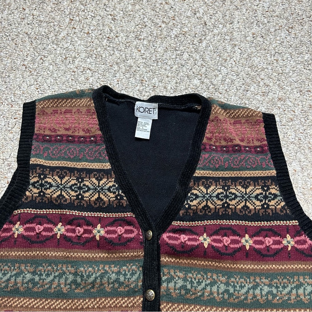 Koret Vintage Striped Patterned Knit Button Front Vest Cotton Ramie Womens Large - Picture 2 of 10